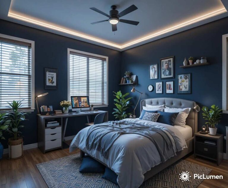 Stylish teenage boys bedroom with navy walls LED lighting modern desk and cozy grey bedding