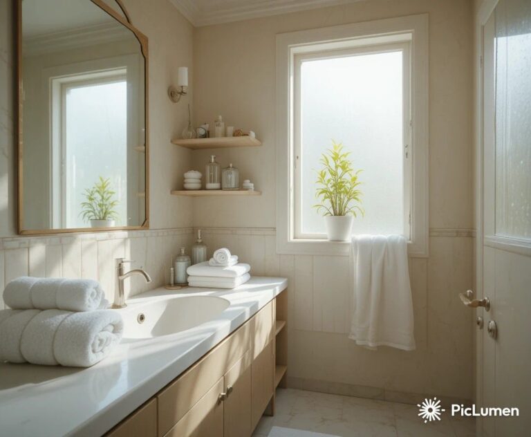 Bright and organized bathroom with white towels glass jars and green plants in calm spa style