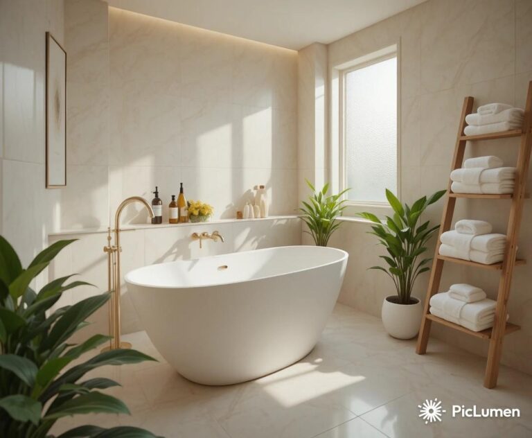 Stunning small bathroom with white freestanding tub soft lighting green plants and fluffy towels in spa atmosphere