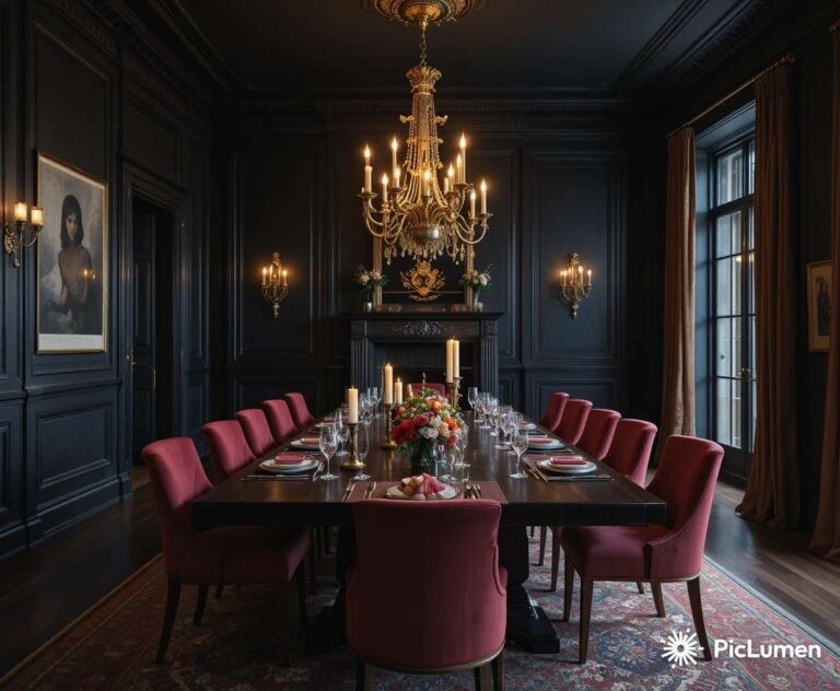 Dramatic moody dining room with dark walls brass chandelier velvet chairs and candlelight in luxurious evening atmosphere