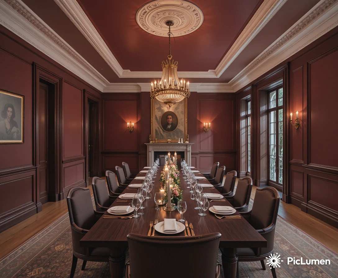 Dramatically styled color drenched dining room with dark wood table white tableware candles and statement pendant light