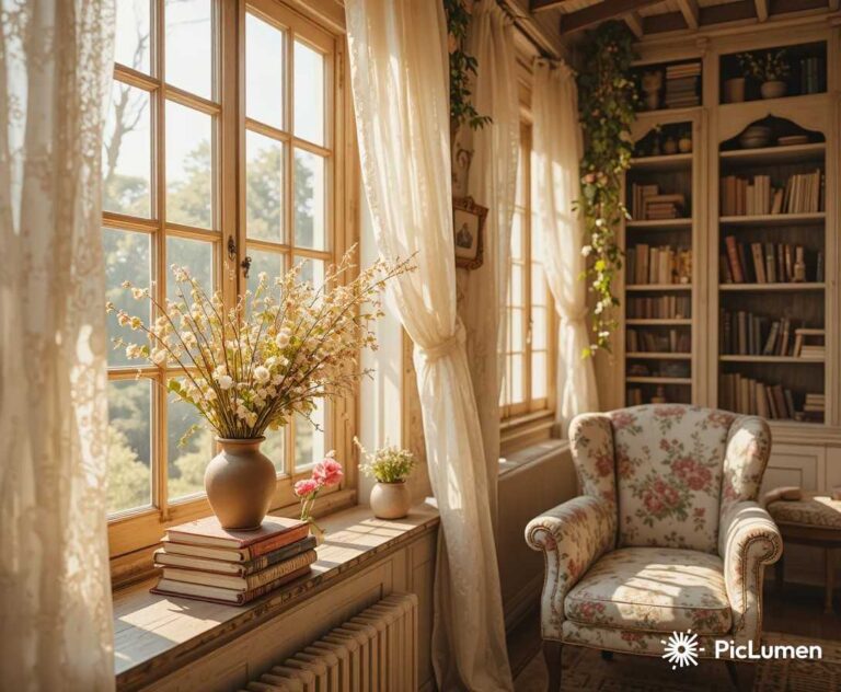 Dreamy cottagecore living room with lace curtains wildflowers clay vase old books and dried flowers in warm golden light