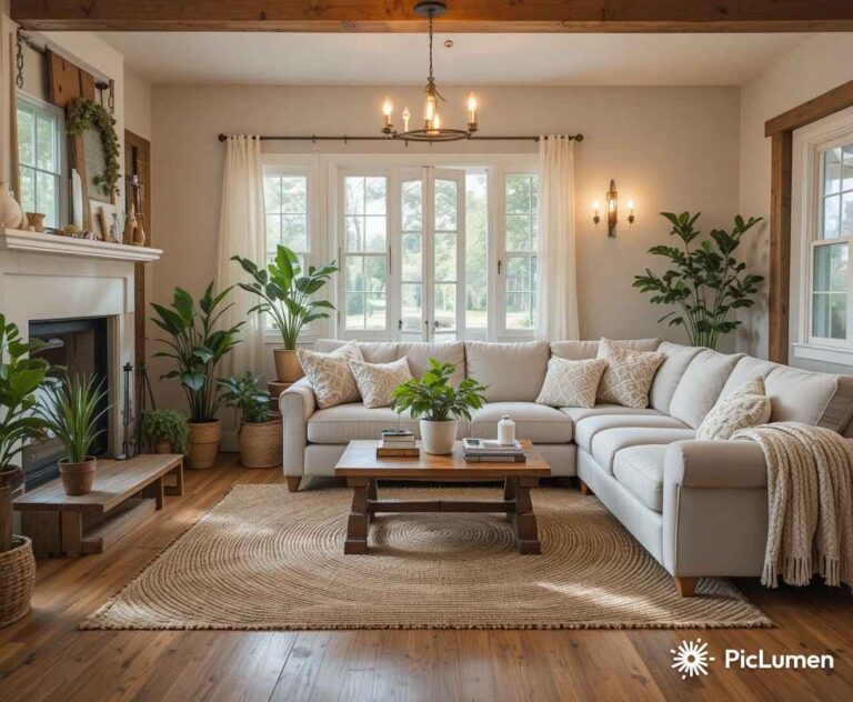Warm farmhouse living room with linen sofa jute rug reclaimed wood accents and soft Edison bulb lighting