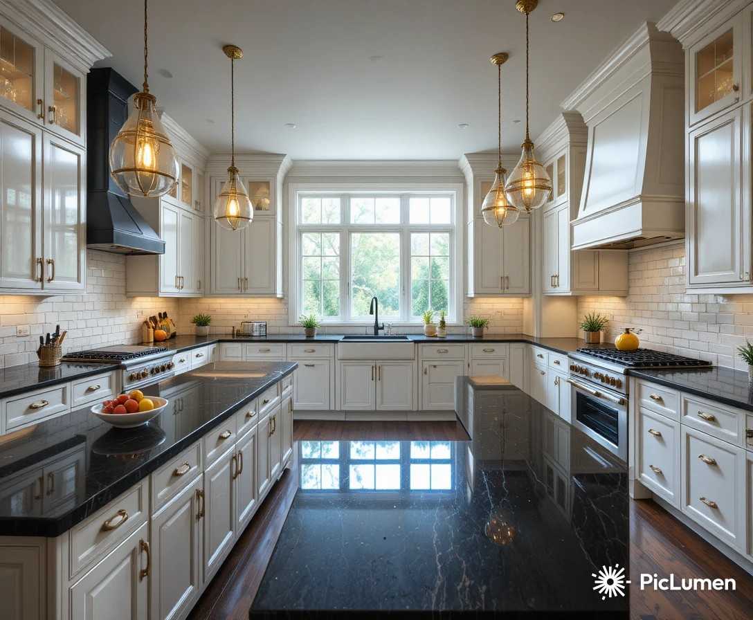 Stunning modern kitchen with black countertops white cabinets and gold pendant lights
