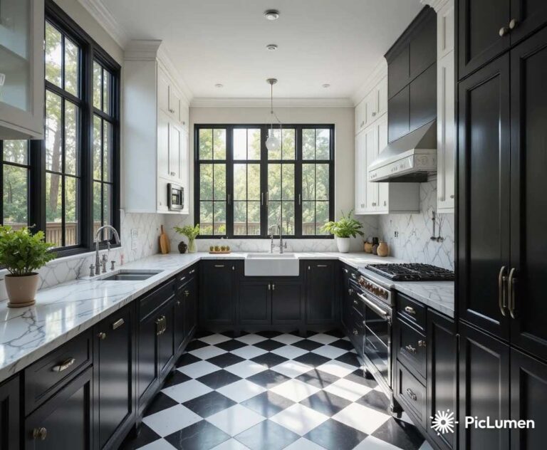 Stunning black and white kitchen with two tone cabinets marble countertops and checkered floor in natural light