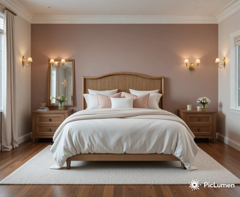 Beautiful master bedroom with dusty mauve accent wall brass sconces and layered white linen bedding
