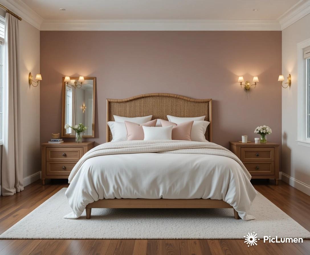 Beautiful master bedroom with dusty mauve accent wall brass sconces and layered white linen bedding