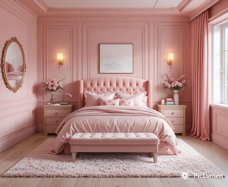 Pink bedroom decor with blush walls, velvet bed, and cozy modern styling.