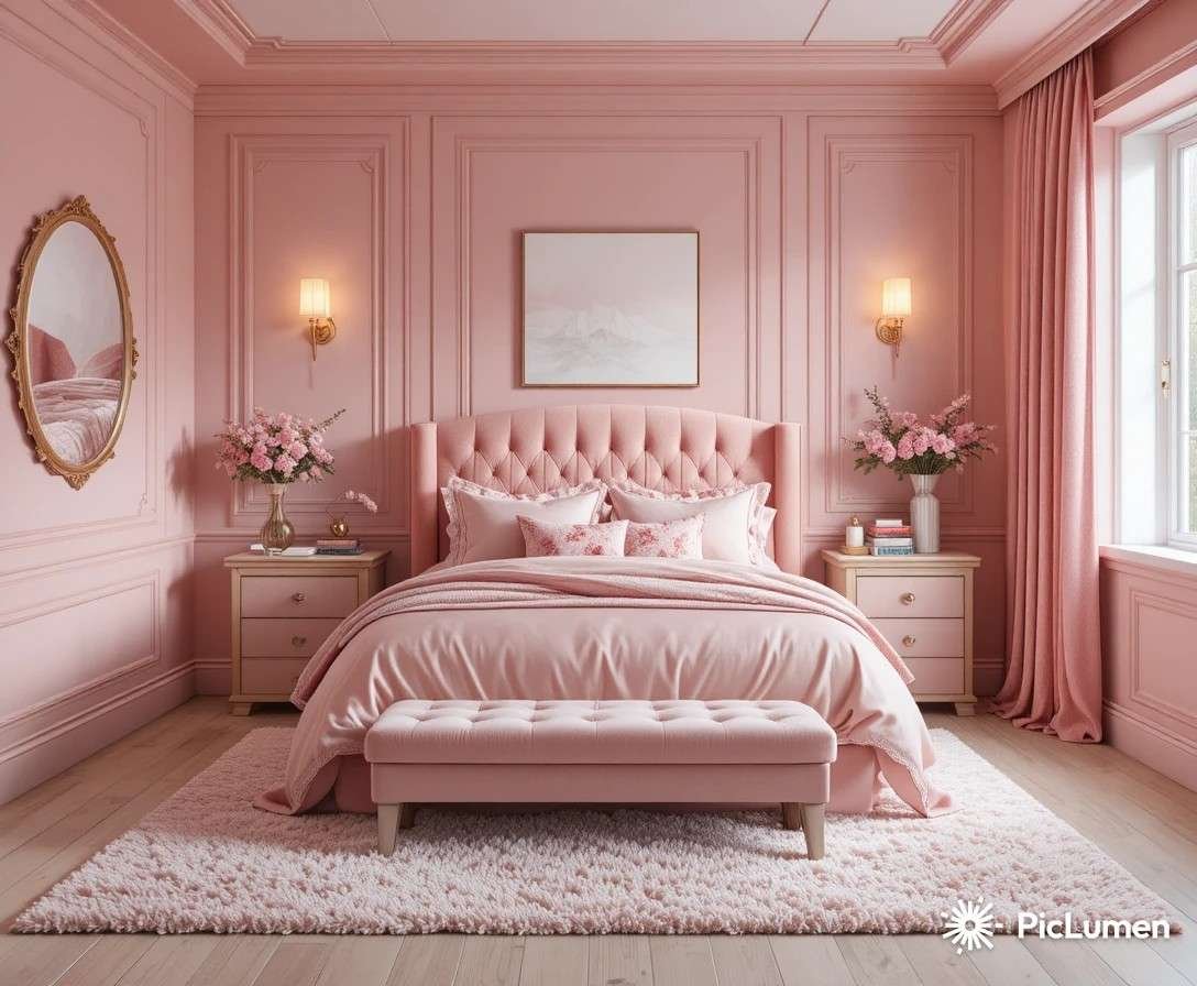 Pink bedroom decor with blush walls, velvet bed, and cozy modern styling.