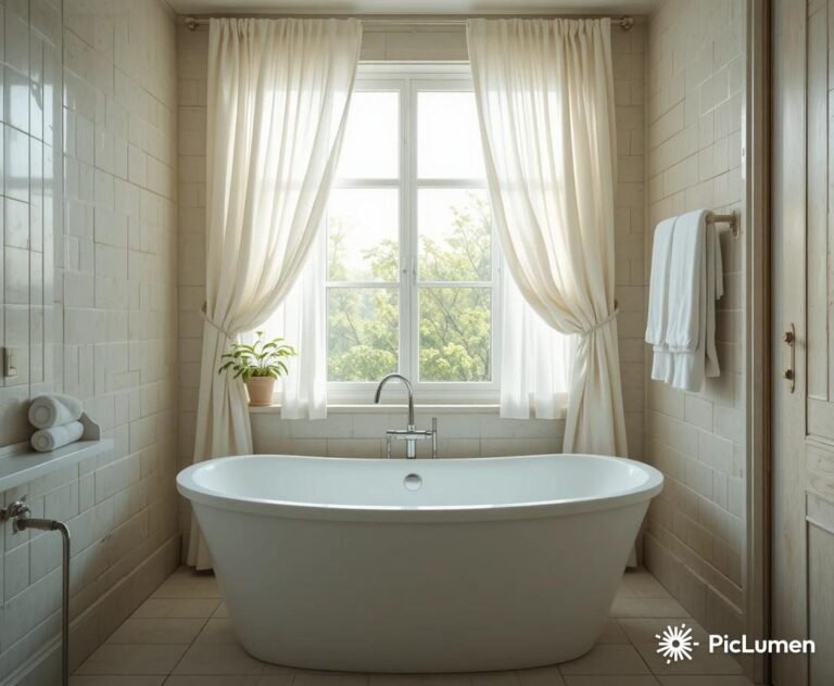 Bright styled bathroom with white linen window curtain natural light green plant and fluffy towels in spa atmosphere