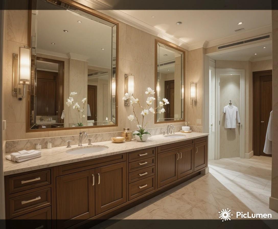 Stunning master bathroom with wide double sink vanity two mirrors warm lighting and white towels in sophisticated style