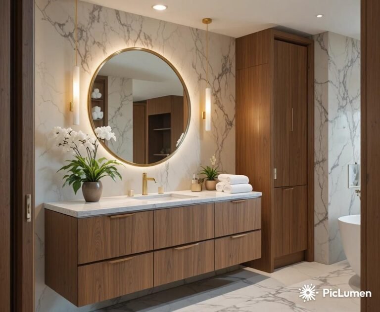 Beautiful bathroom with warm walnut vanity white marble countertop round gold mirror and green plant in luxurious atmosphere