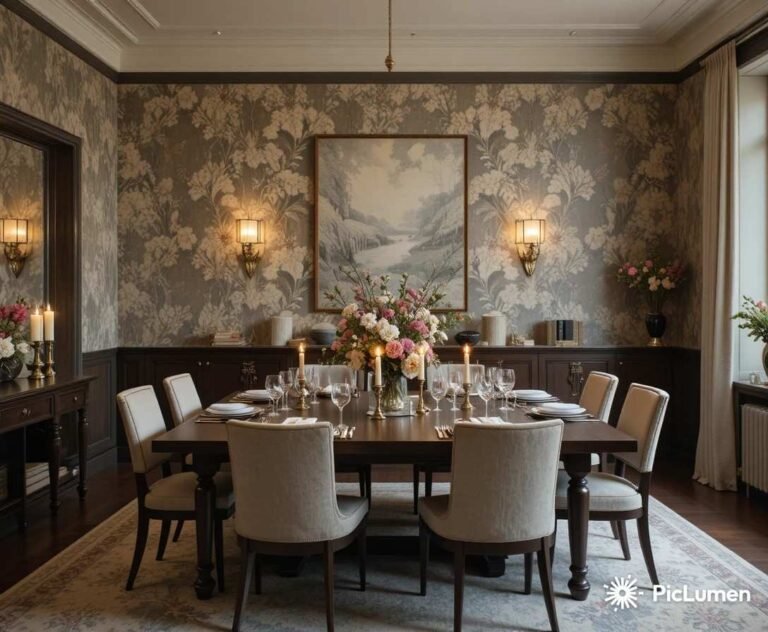 Beautifully styled dining room with wallpapered feature wall dark wood table candles and warm pendant lighting