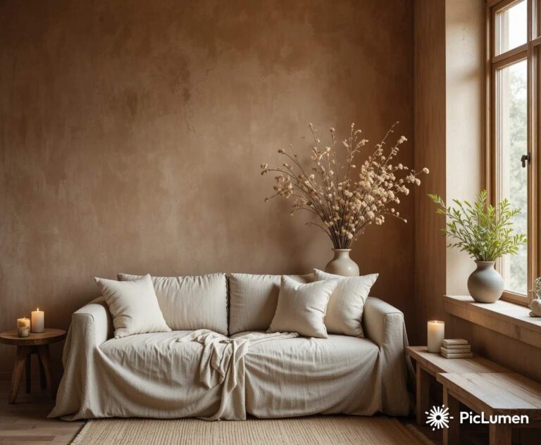 Calm wabi sabi living room with limewash walls linen sofa handmade ceramics dried botanicals and warm candlelight