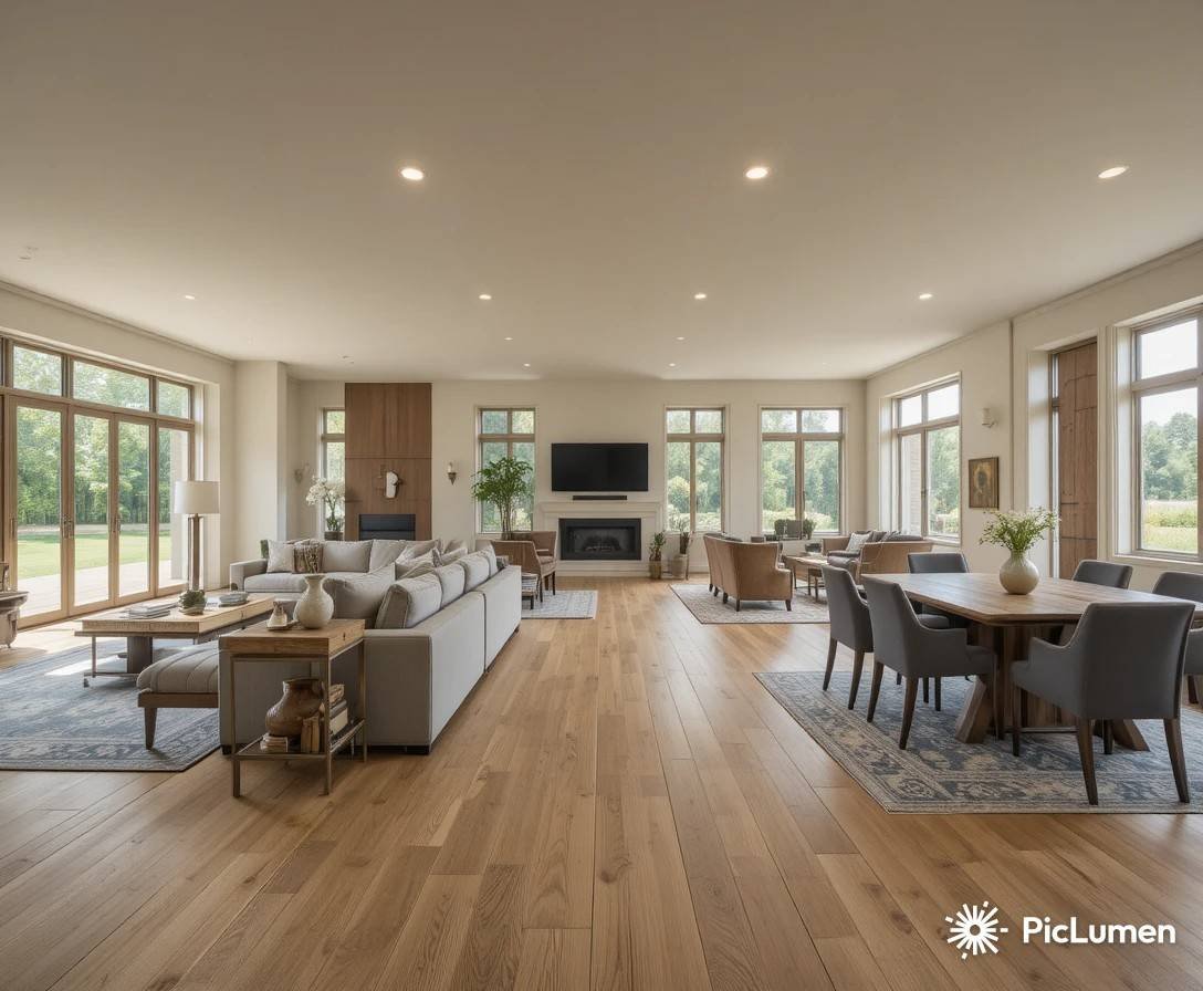 Stunning open plan living room and dining room flowing together with oak floors neutral tones and natural light
