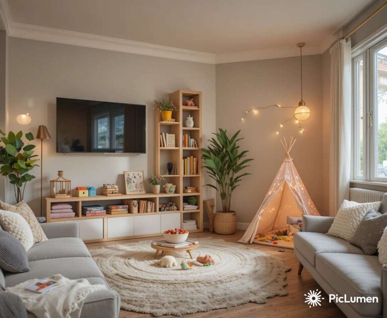 Warm family living room with kids play area corner featuring open shelves teepee tent and colorful play mat