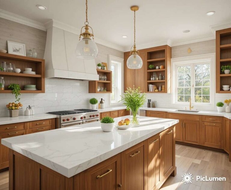Stunning bright kitchen with white quartz countertops wood shelving pendant lights and fresh herbs in warm natural light