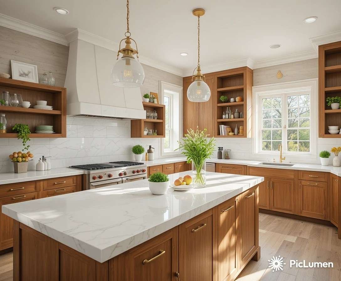 Stunning bright kitchen with white quartz countertops wood shelving pendant lights and fresh herbs in warm natural light