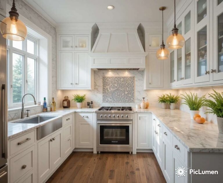Stunning modern kitchen with decorative backsplash warm pendant lighting white cabinets and marble countertops