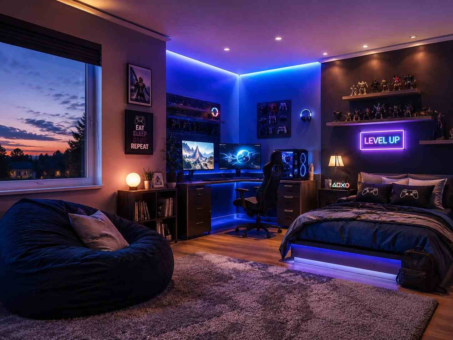 Boys gaming bedroom ideas dream setup with LED lighting and cozy gaming corner