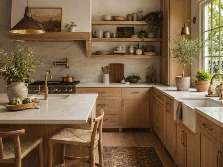 Warm modern kitchen with wood cabinetry, open shelving, island, fresh herbs, and natural light