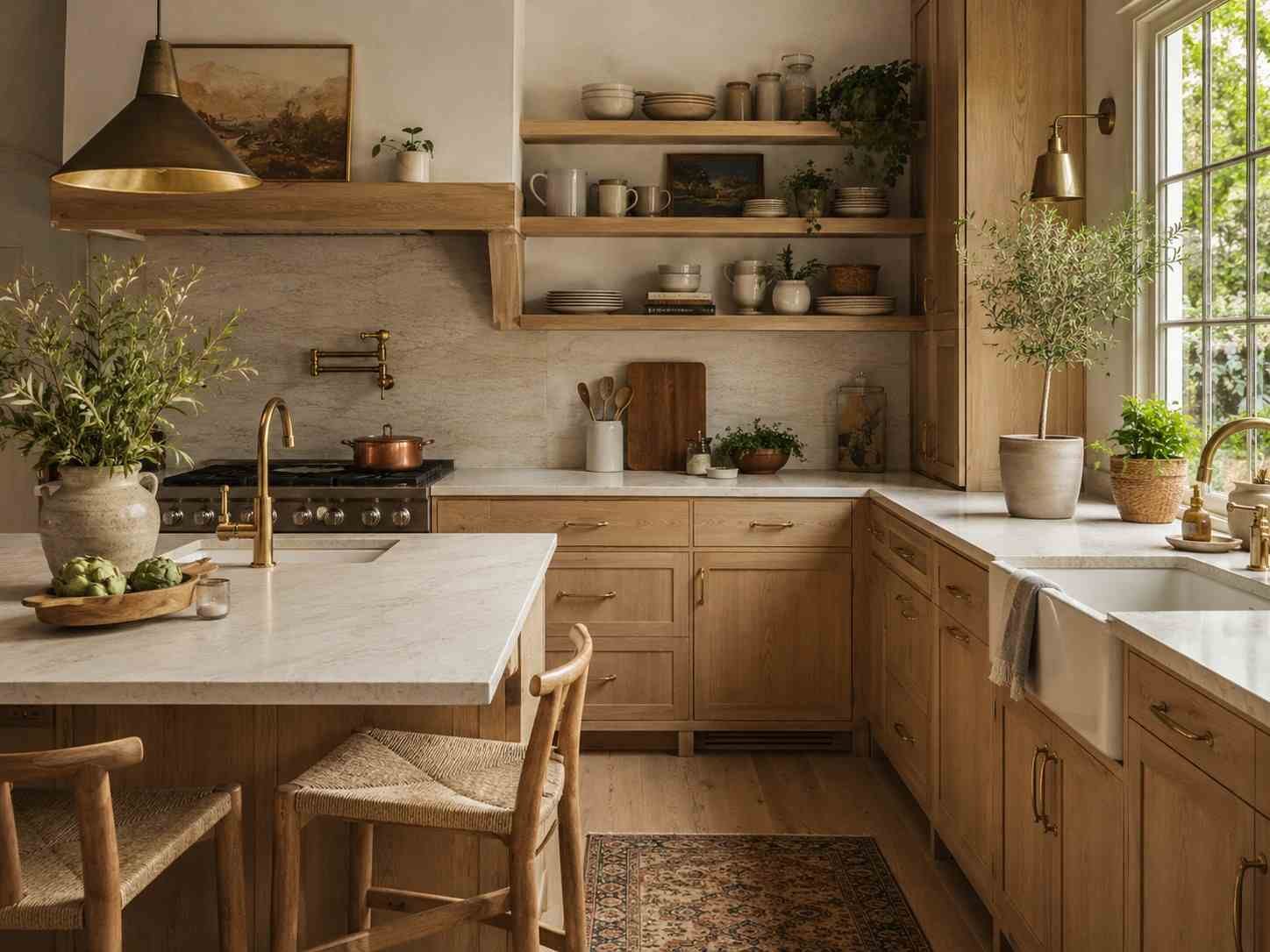 Warm modern kitchen with wood cabinetry, open shelving, island, fresh herbs, and natural light