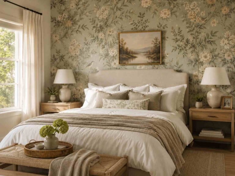 Cozy bedroom with elegant botanical wallpaper, layered bedding, warm lighting, and natural wood accents