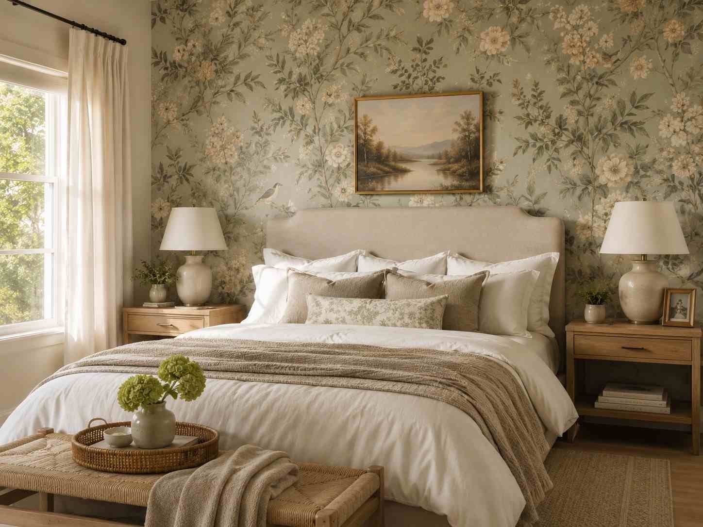 Cozy bedroom with elegant botanical wallpaper, layered bedding, warm lighting, and natural wood accents