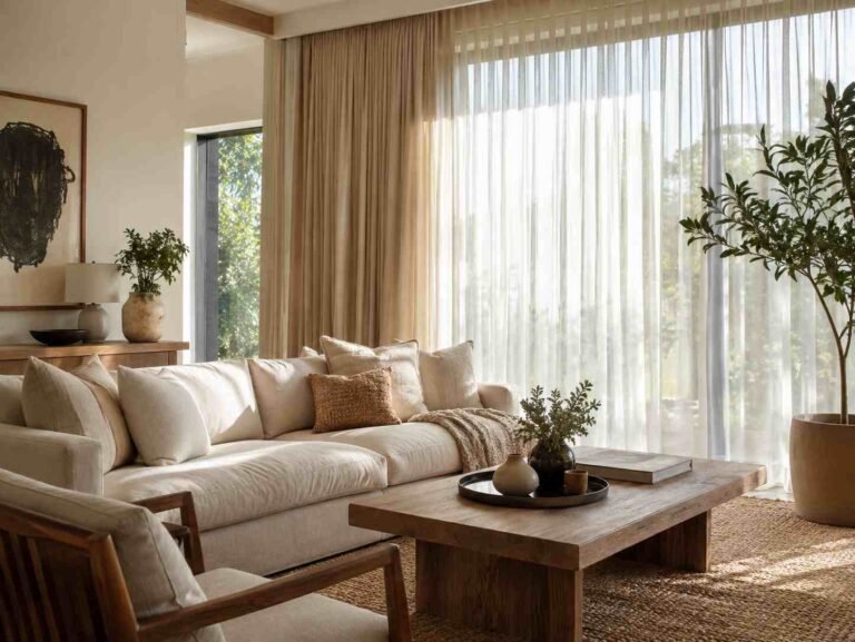 Elegant living room with floor-to-ceiling neutral curtains, cream sofa, natural wood furniture, and soft daylight.