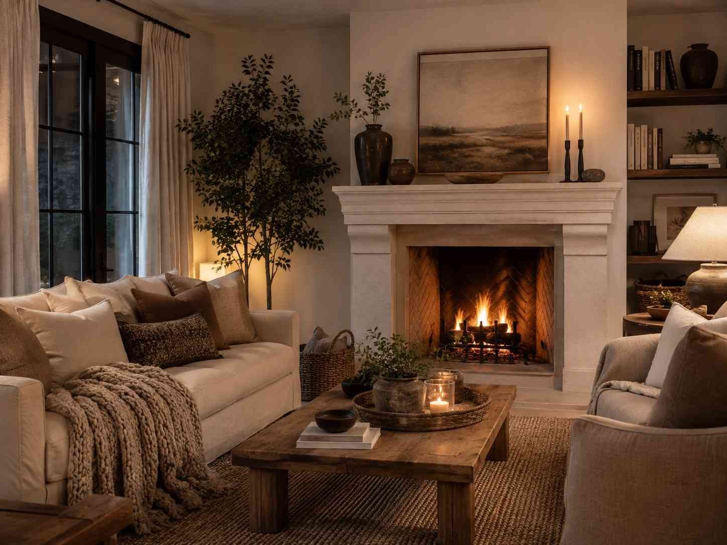 Cozy living room with a fireplace, beige sofa, warm lighting, and neutral decor.