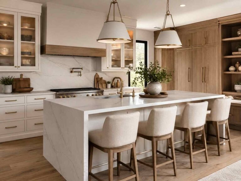 Modern waterfall island kitchen with elegant stone countertop and warm neutral cabinetry.