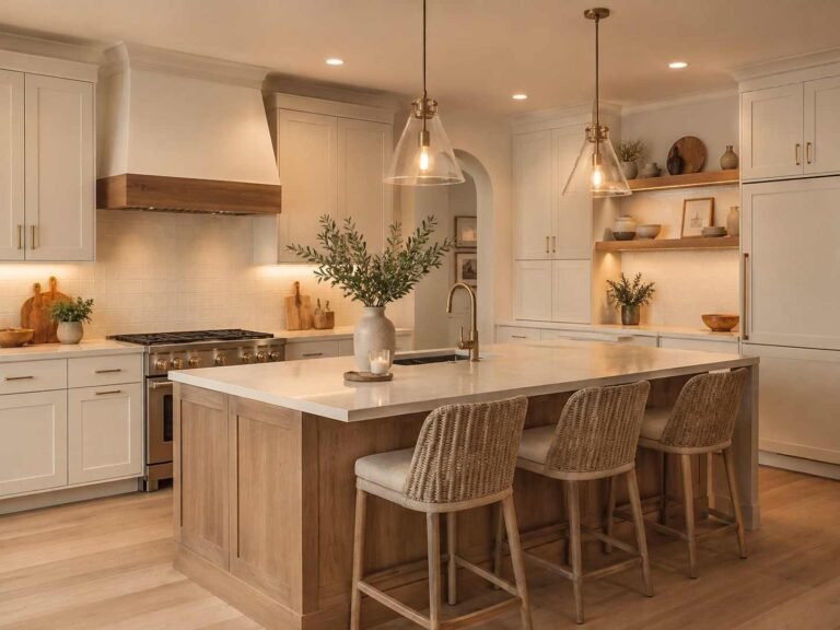 Stylish kitchen island with elegant bar stools in a warm modern kitchen