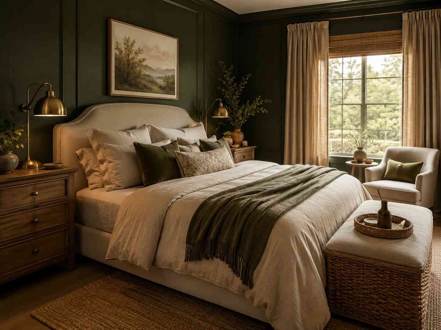 Cozy dark green bedroom with cream bedding, natural wood furniture, brass lighting, and warm layered textures.
