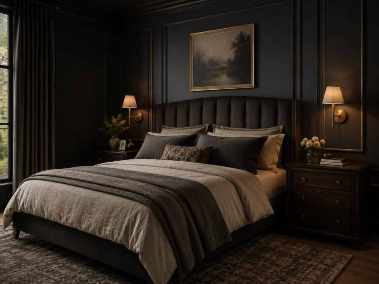 Dark moody bedroom with charcoal walls, warm lighting, layered bedding, and elegant decor.