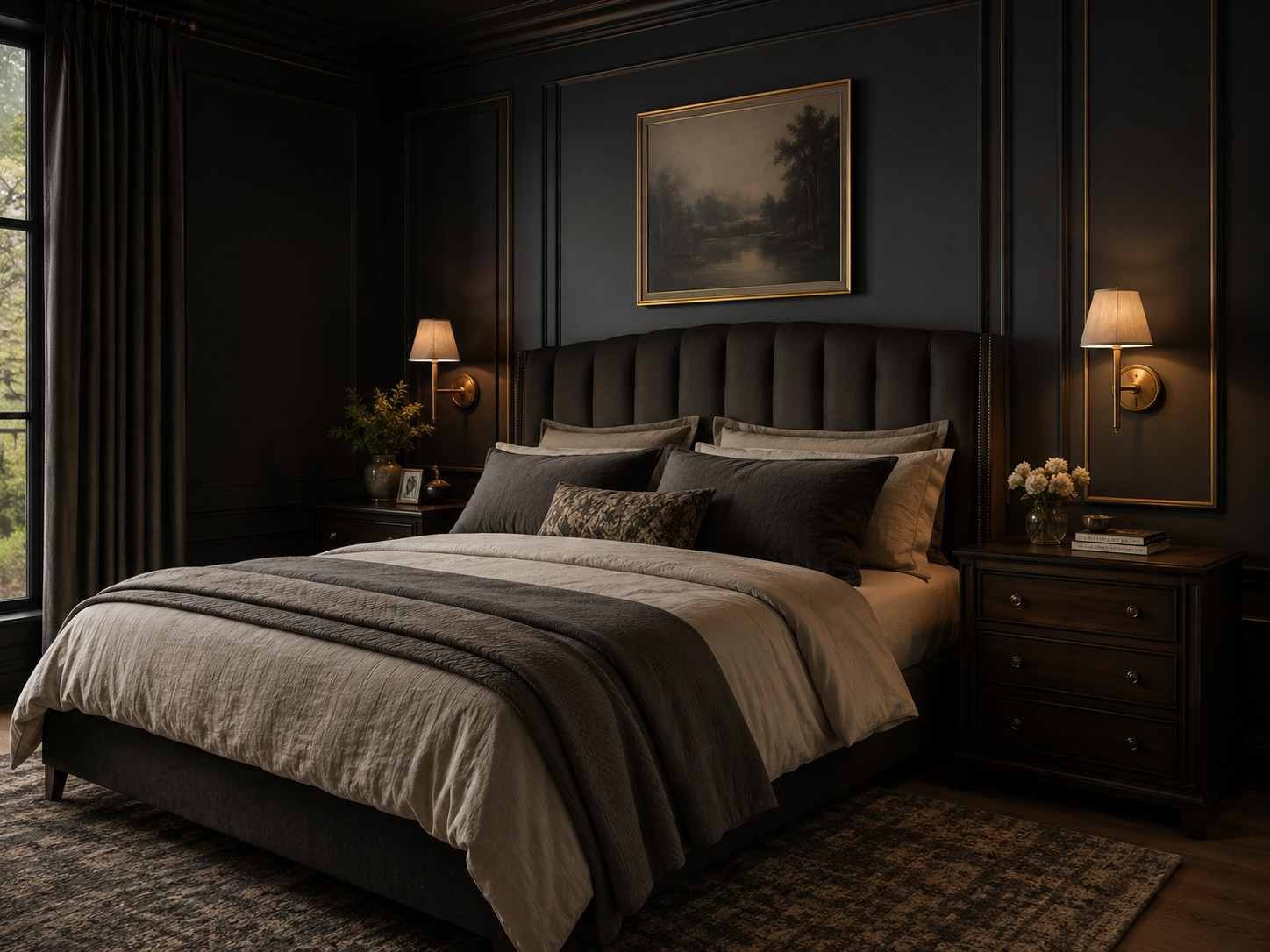 Dark moody bedroom with charcoal walls, warm lighting, layered bedding, and elegant decor.