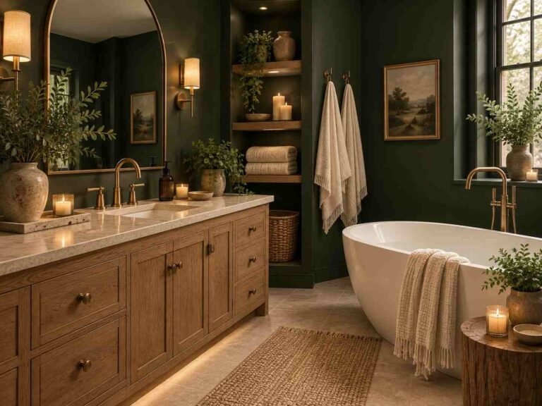 Cozy dark green bathroom with a freestanding tub, oak vanity, brass fixtures, and warm lighting.