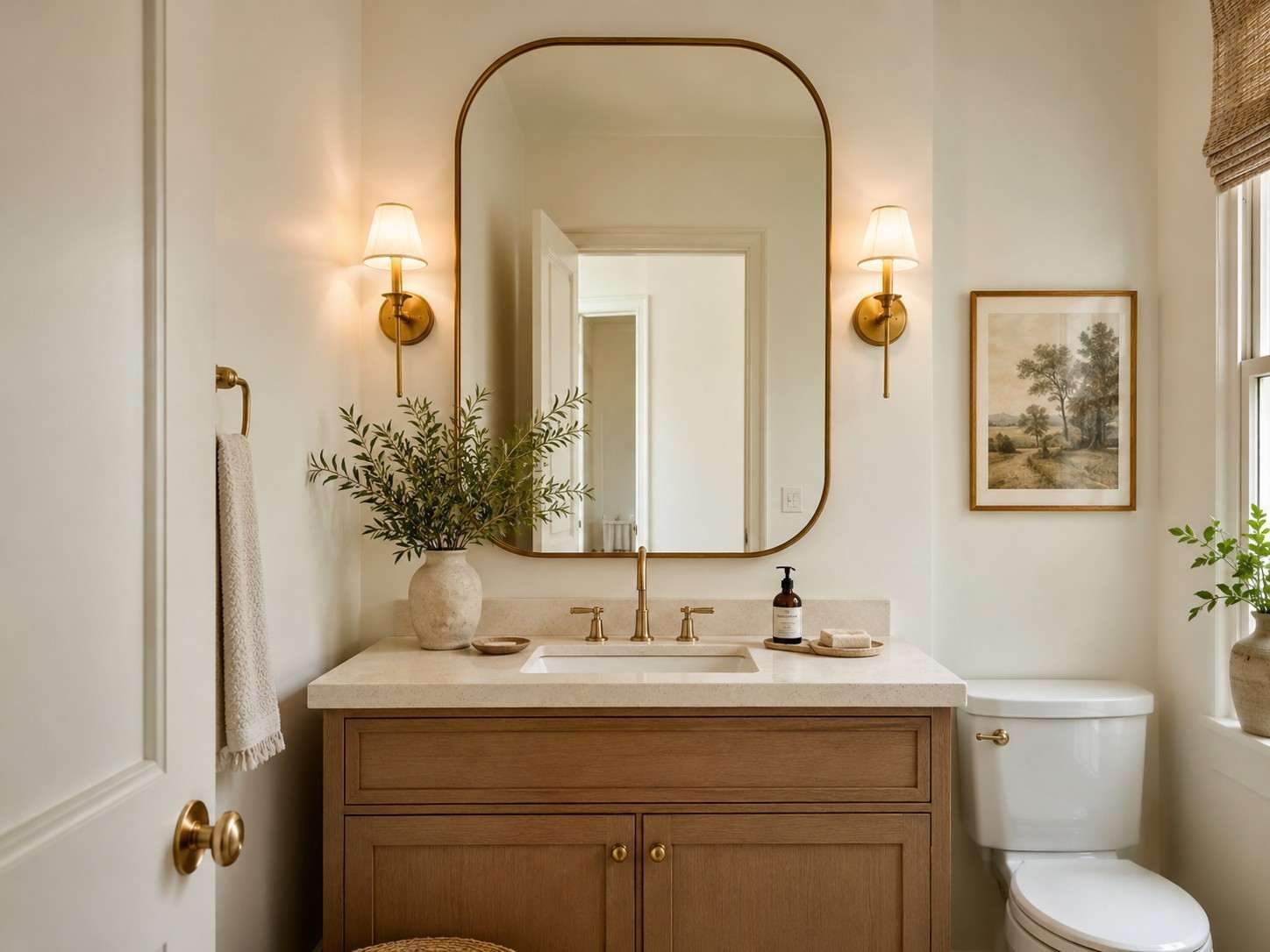 Warm and welcoming guest bathroom with elegant decor, natural wood, soft lighting, greenery, and refined neutral finishes.