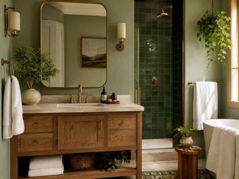 Beautiful green bathroom with sage walls, emerald accents, natural wood, brass fixtures, and a calm spa-like atmosphere.