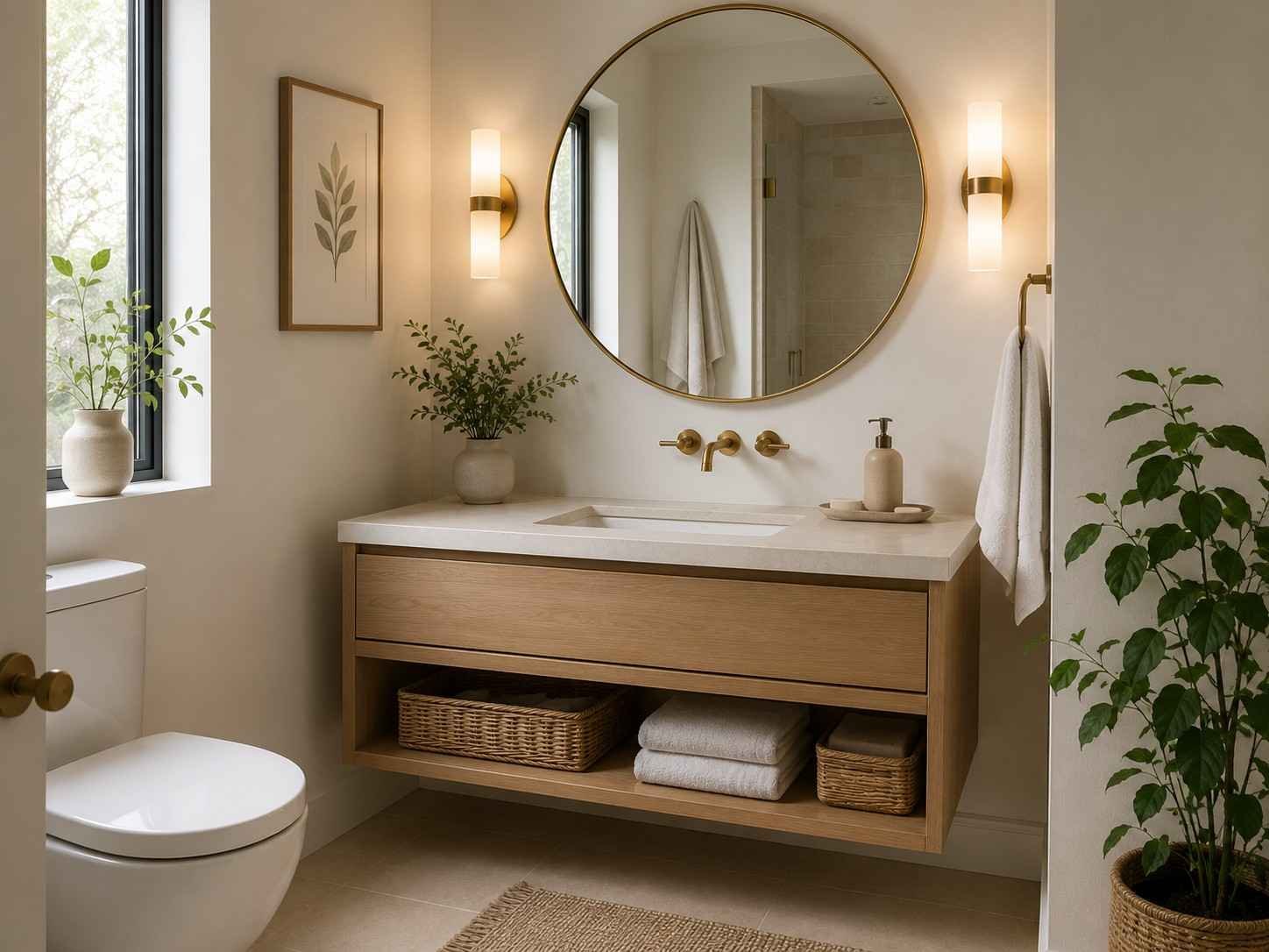 Small bathroom with light colors, floating vanity, large mirror, warm wood accents, greenery, and stylish storage.