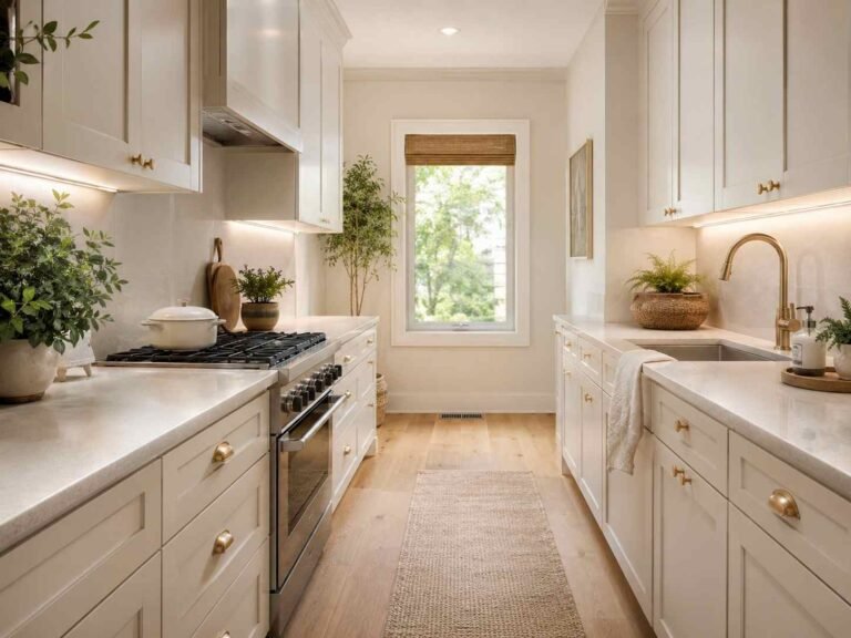 Bright and welcoming narrow galley kitchen with white cabinets and warm natural accents.