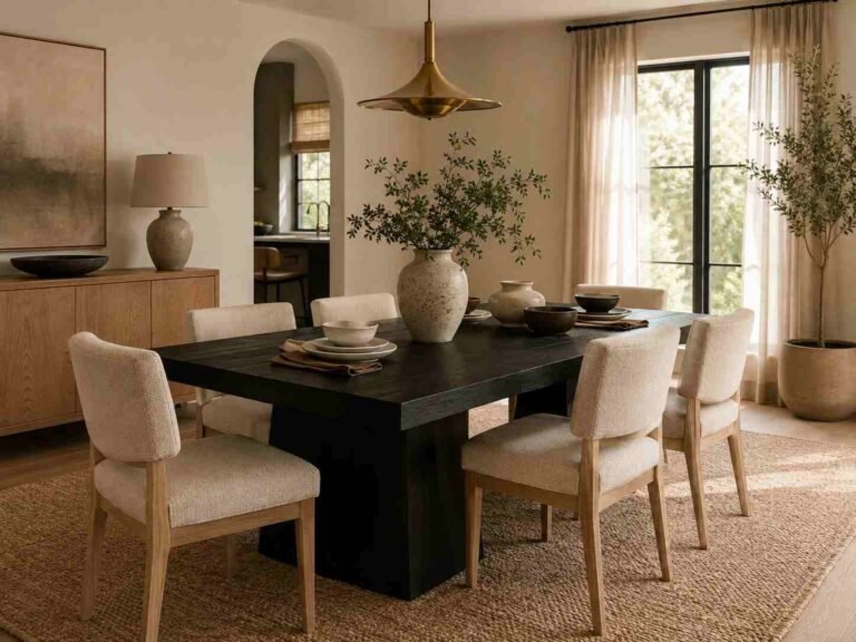 Elegant dining room featuring a black dining room table with cream chairs and warm neutral decor.