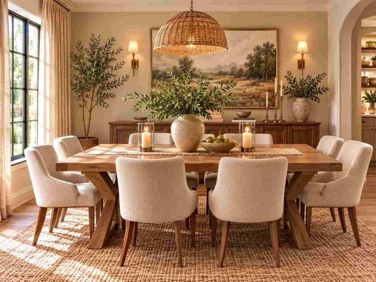Warm and stylish dining room with an elegant table, neutral chairs, natural textures, and soft lighting.