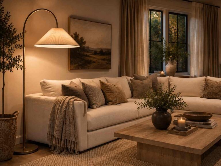 Cozy living room featuring a stylish floor lamp, cream sofa, natural wood, and warm layered lighting.