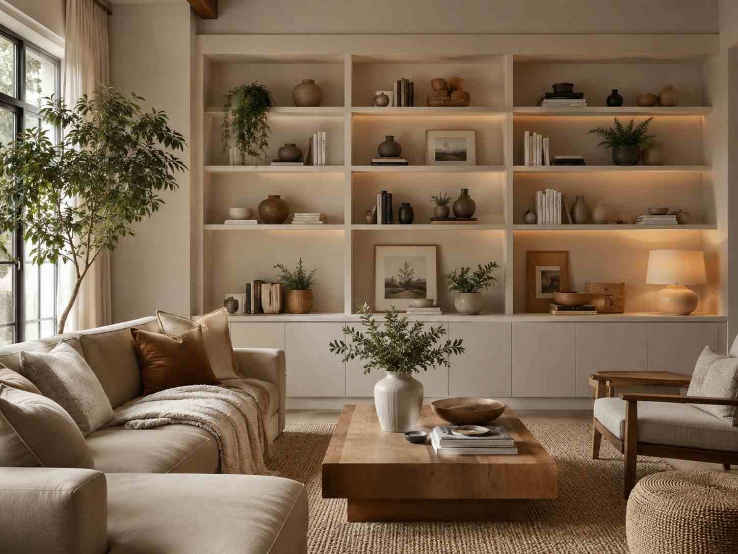 Stylish living room with built-in shelves filled with books, artwork, plants, and neutral decor.