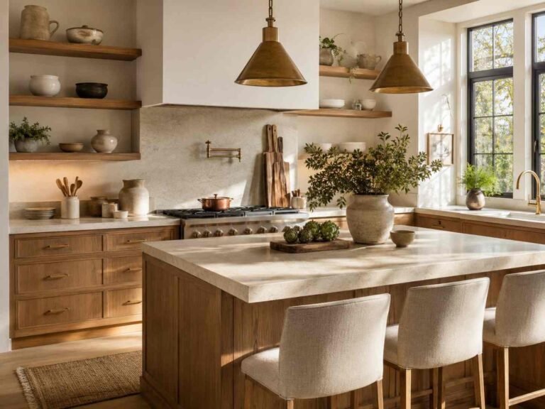 Warm and timeless kitchen with white oak cabinets, creamy stone countertops, brass lighting, and natural textures.