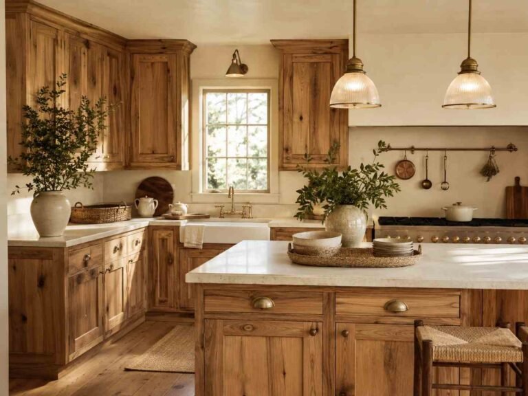 Warm farmhouse kitchen with natural hickory cabinets, creamy walls, and rustic decor.