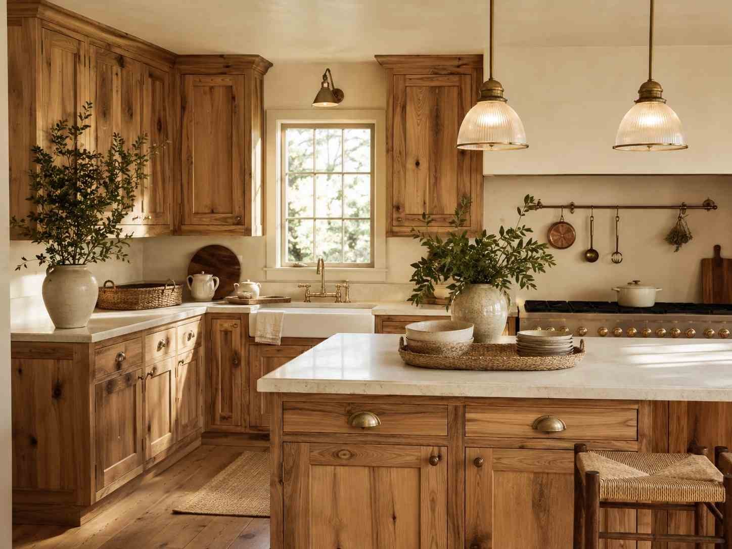 Warm farmhouse kitchen with natural hickory cabinets, creamy walls, and rustic decor.