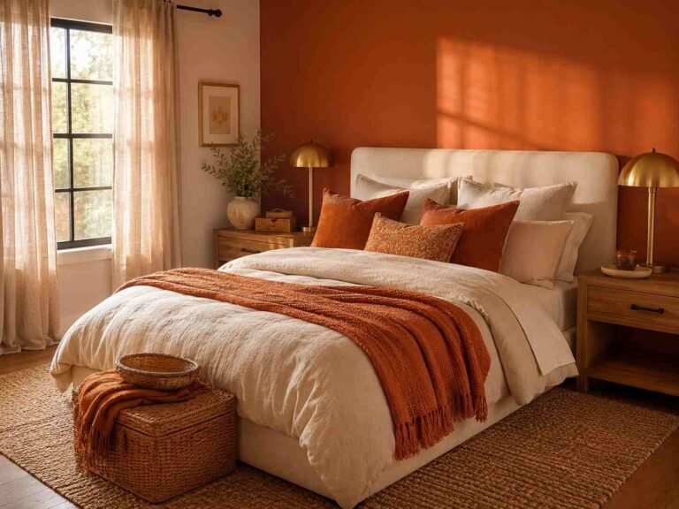 Cozy orange bedroom with terracotta accents, cream bedding, and natural wood decor.