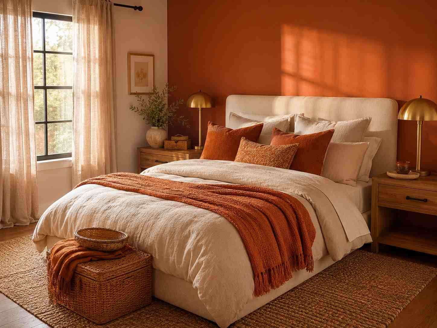 Cozy orange bedroom with terracotta accents, cream bedding, and natural wood decor.