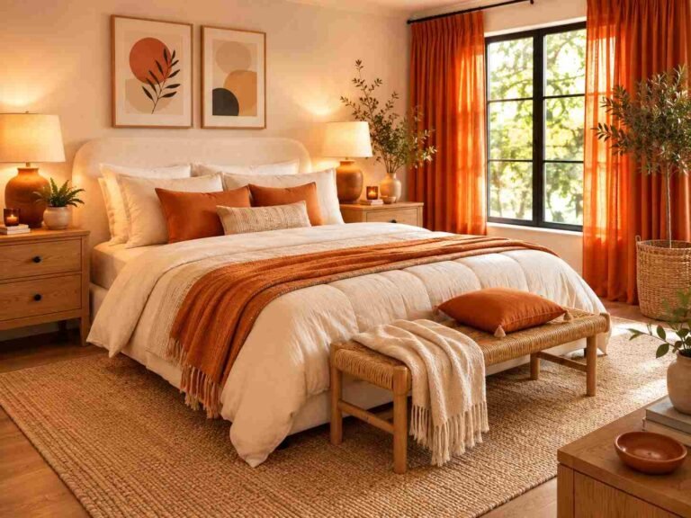 Warm bedroom with orange curtains, cream bedding, natural wood furniture, and cozy neutral decor.